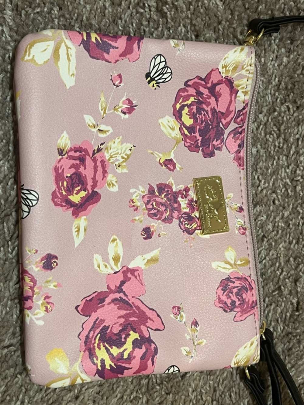 Betsey Johnson Pink Floral Wristlet with Gold Plaque
